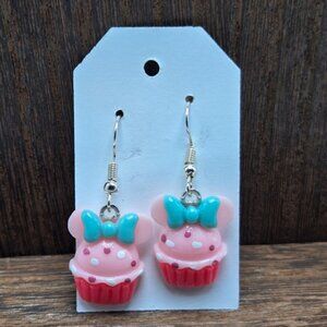 Disney Cupcake Earrings Minnie Mouse Bow Dangle Drop Light Weight Fashion NWT
